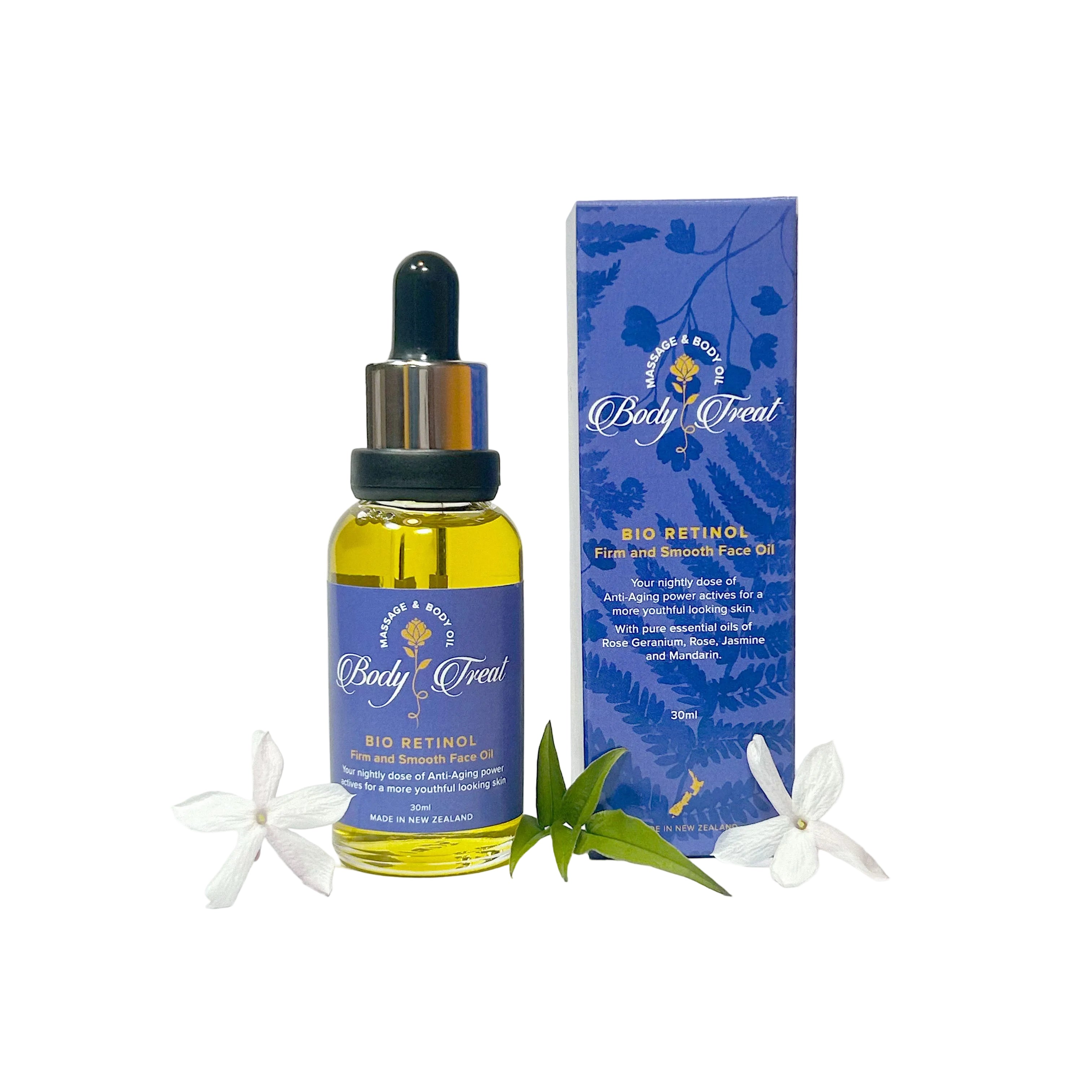 Body Treat Bio Retinol oil bottle and packaging on a white background