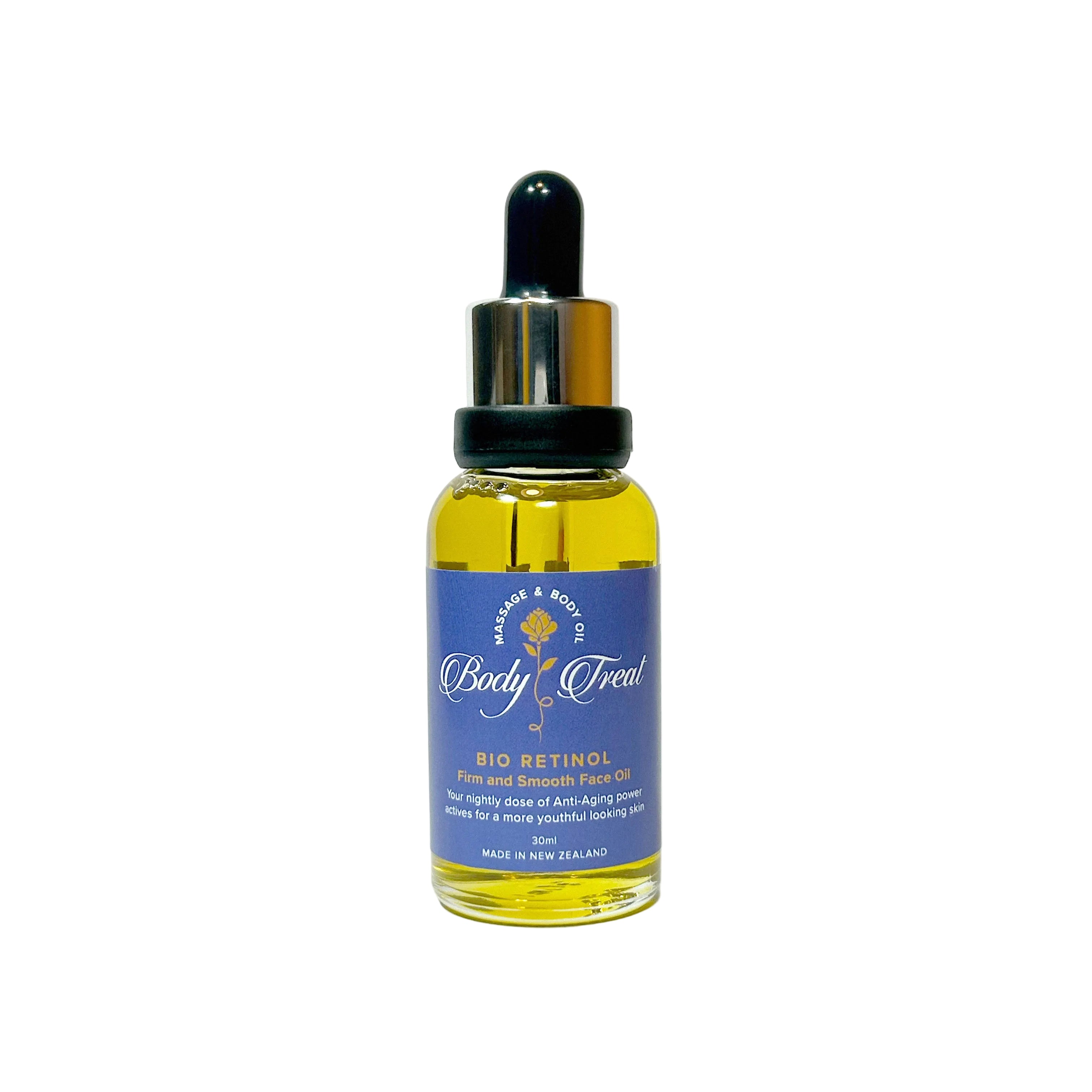 Bottle of Body Treat Bio Retinol face oil on a white background